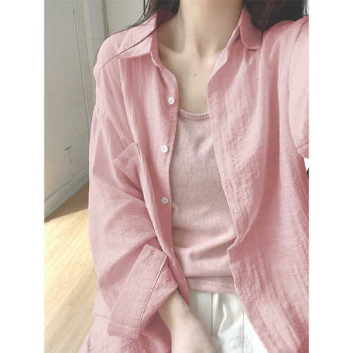 Cotton Linen Long-Sleeve Sun Protection Shirt Women's Outerwear Spring and Autumn Thin Version Plus Size Fat MM Slimming Loose Polo Collar Casual