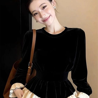 法式赫本风黑色拼接荷叶边衬衫女秋冬新款优雅百搭收腰显瘦上衣潮