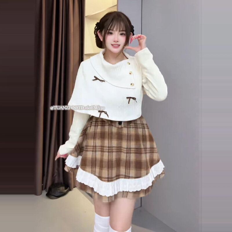 Plus-Size Women's Clothing: Off-Shoulder High-Neck Cape Knit Top Paired with Brown Plaid Lace Trim Skirt, Slimming Set for Spring and Autumn