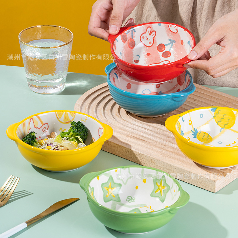 Japanese-style ceramic double-ear bowl cartoon animal fruit bowl breakfast bowl salad bowl children's hand-painted bowl cute complementary Bowl