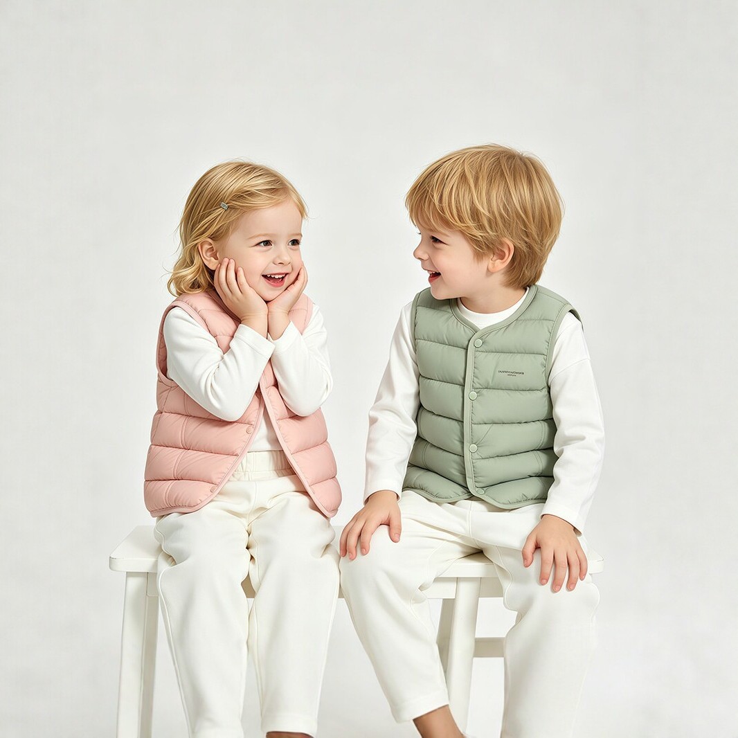 Children's lightweight down vest, spring and autumn style, warm vest for boys and girls, inner layer, outer layer, solid color, simple vest.