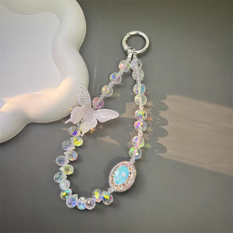 Cadena de teléfono móvil de cristal tridimensional de alta calidad, bola de diamantes de imitación de mariposa de lujo ligero, cordón de teléfono móvil, cordón de muñeca corto nuevo