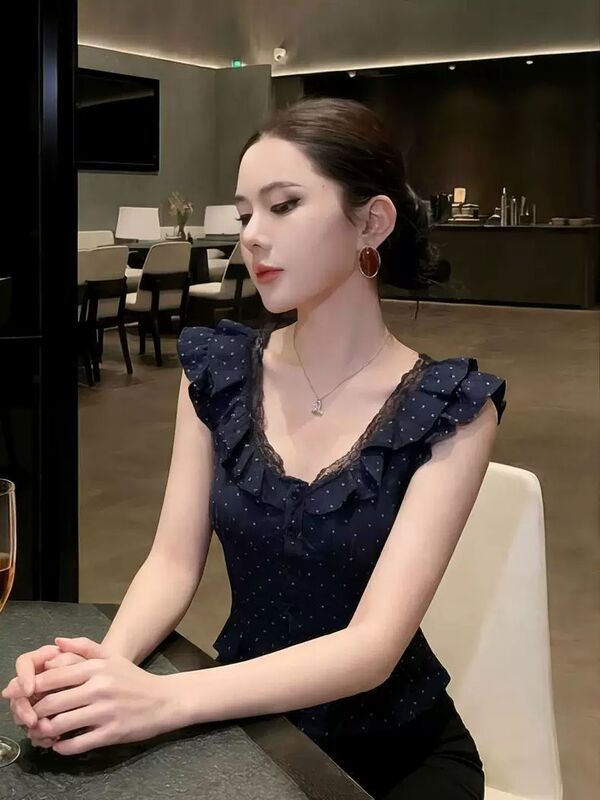 French Lace Splicing V-Neck Short-Sleeved Shirt for Women 2026 Summer New Style Polka Dot Print High-End Shirt for Outer Wear French Lace Splicing V-Neck Short-Sleeved Shirt for Women 2026 Summer New Style Polka Dot Print High-End Shirt for Outer Wear