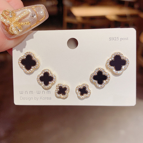 S925 silver needle micro-paved four-leaf flower three-piece set of earrings, one card, three pairs, micro-paved zircon black earrings for women