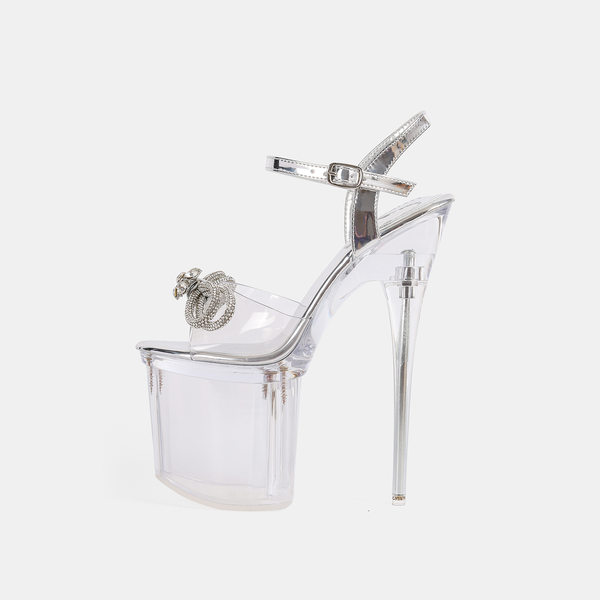 Sandal nữ gót siêu cao 19 cm gót nhọn trong suốt đính đá pha lê nơ quai ngang — Màu bạc, Màu hồng, Màu tím, màu đen