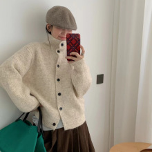 高级感软软糯糯高领系扣针织开衫外套女宽松慵懒翻领毛衣百搭上衣