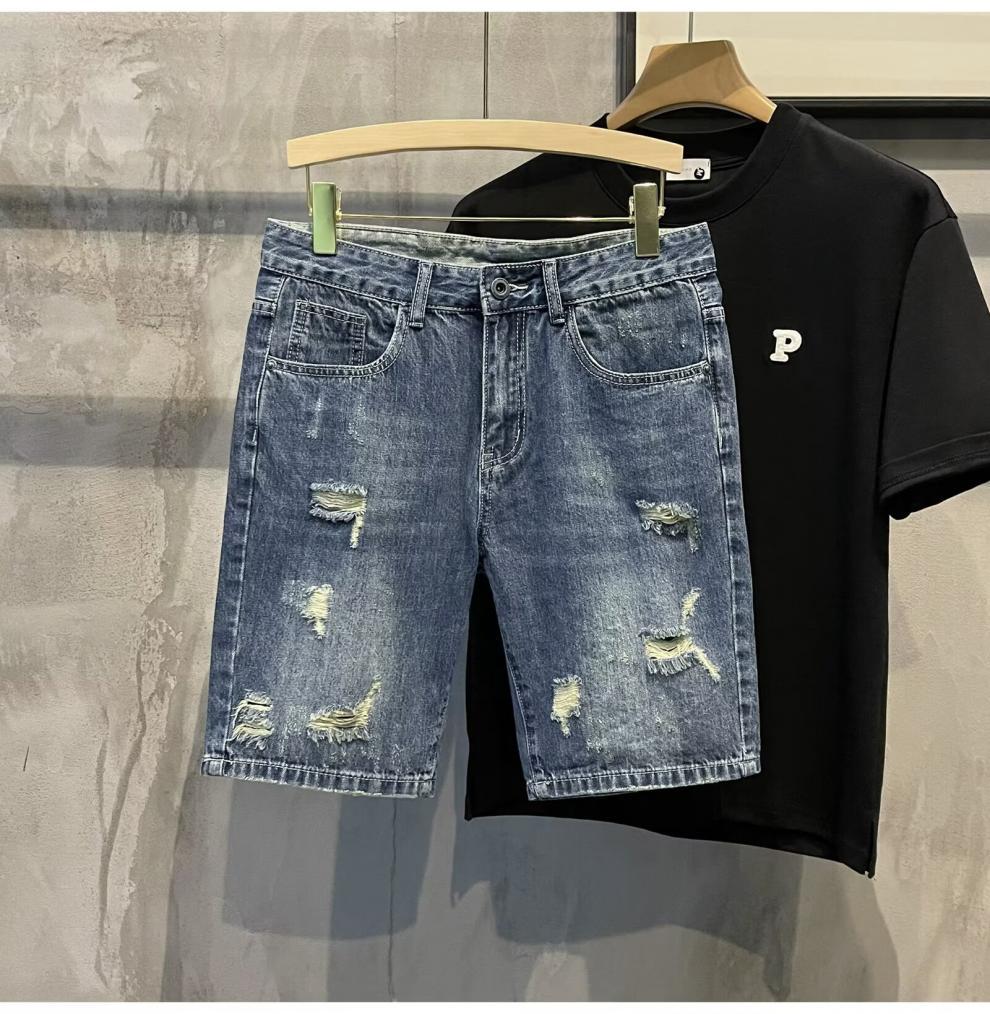 Men's Ripped Denim Shorts Casual Loose Fit Washed Perforated Straight Leg Mid Waist Trendy Summer Style Cotton Five Point Pants_mkmklike.com
