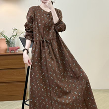 2025秋款花边灯笼袖棉麻文艺女长裙抽绳腰碎花长款初秋女士连衣裙