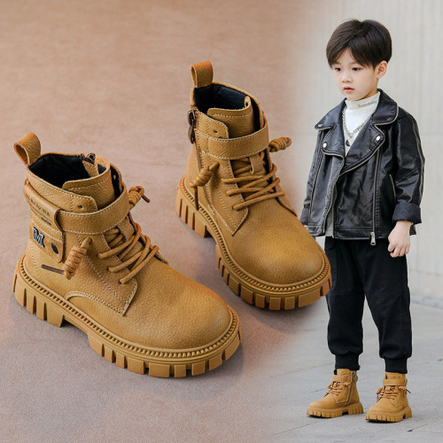 Boys' Martin boots fashionable casual children's single boots autumn and winter new 2024 British style cotton boots for big children and little boys