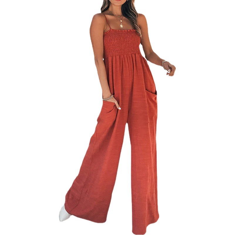 Comercio exterior 2025 Amazon Comercio exterior europeo y americano Ropa de mujer Sling de color sólido pliegues moda casual Commuter cintura alta mono