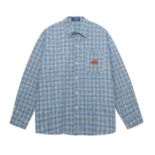 美式复古蓝色格子长袖衬衫男秋季宽松星星刺绣潮流情侣款衬衣外套
