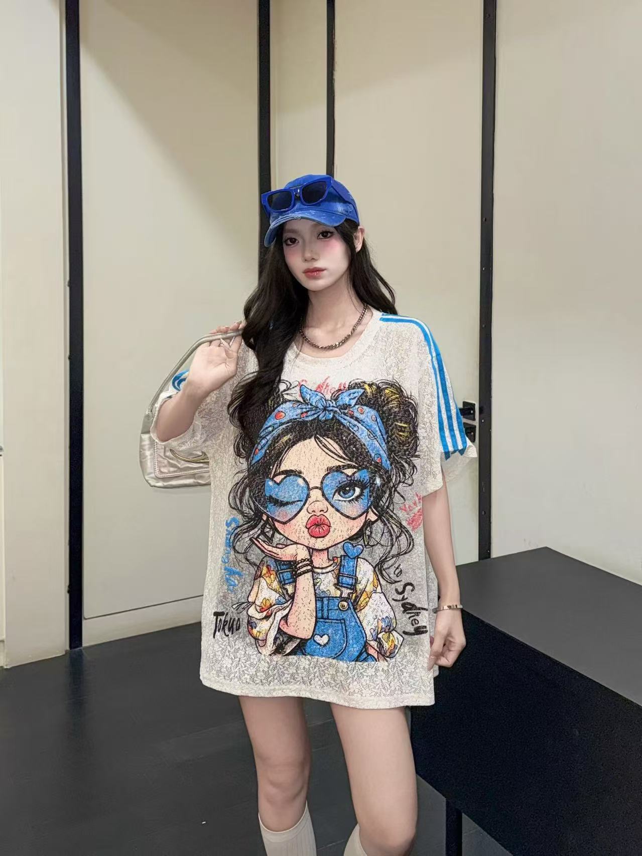 Marca de marea nueva impresión pesada de dibujos animados de estilo medio largo largo largo suelto camiseta de manga corta image 3