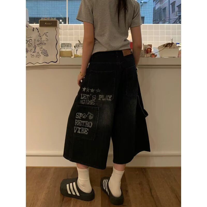 Harajuku American-Style Denim Shorts for Men, Summer 2026 New Trendy Brand, Loose Fit, Washed Cut, Five-Point Casual Pants