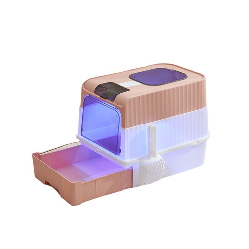 Fully enclosed folding large cat litter box, sand-proof and deodorizing drawer-type cat toilet with litter shovel, blue light sterilization