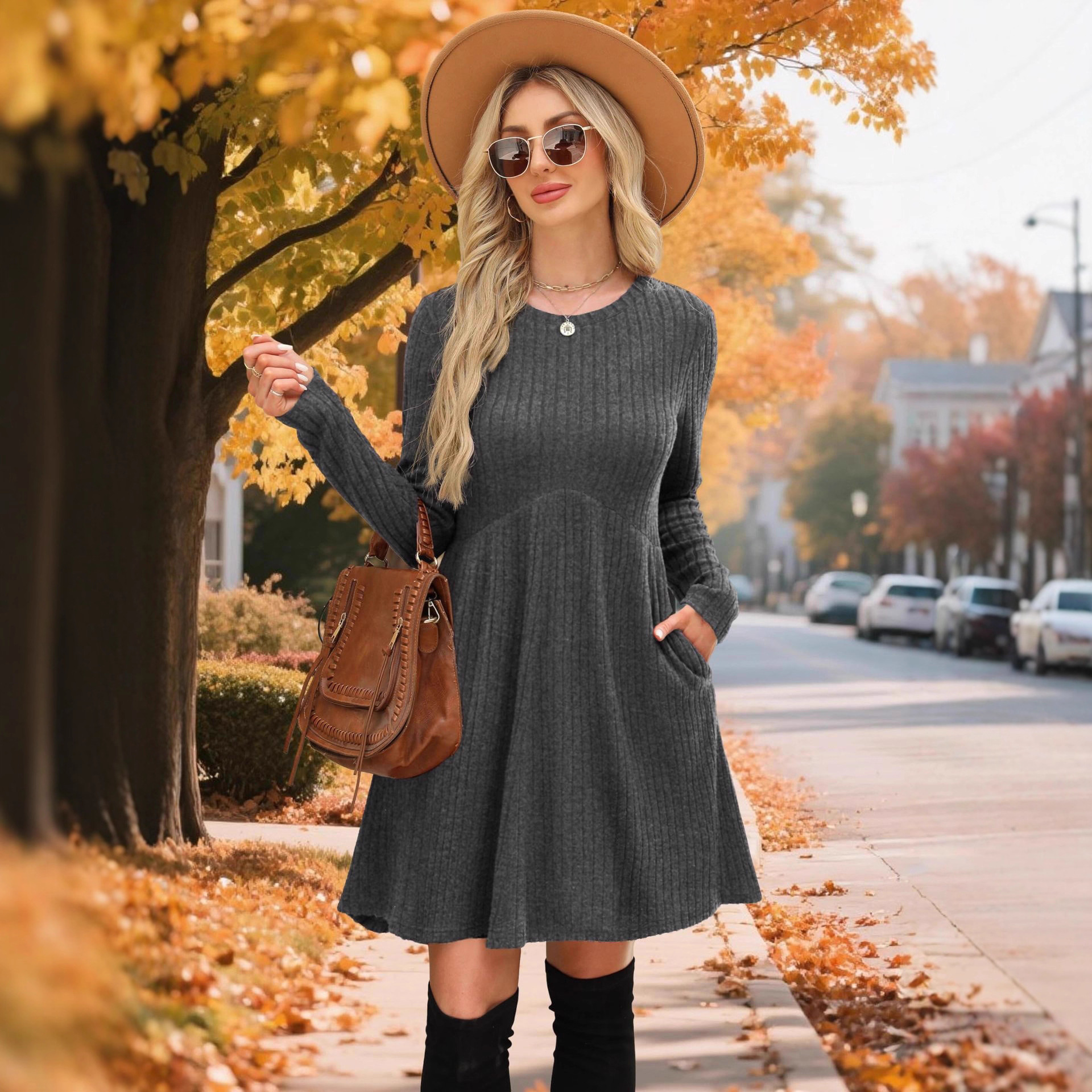2025 Mid-Length Autumn Winter Bohemian Irregular Brushed Ribbed Solid Color Dress Women's Umbrella Skirt_voghion.com