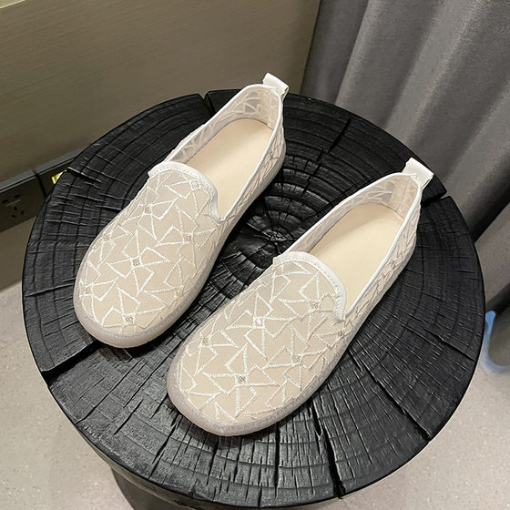Hollow-out Mesh Shoes Women's Breathable Mesh Surface Non-slip Summer All-match Single-layer Shoes Women's Slip-on Lazy Shoes Flat Pea Shoes Trendy