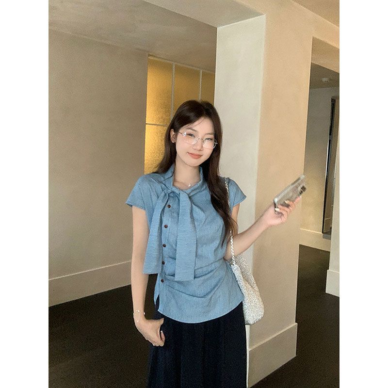 韩系条纹小飞袖飘带短袖衬衫女夏季设计感小衫不规则褶皱收腰上衣|undefined