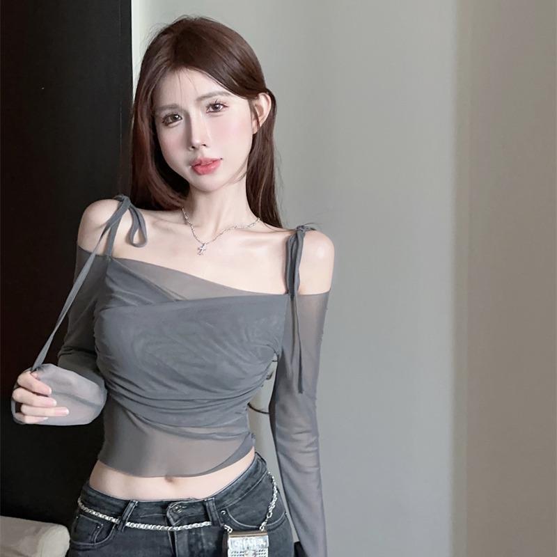 Spice Girls Mesh Sun Protection Lace-up Long-sleeved T-shirt Women's off-shoulder Design Sense Short Navel-exposed Thin Niche Top Ins Spice Girls Mesh Sun Protection Lace-up Long-sleeved T-shirt Women's off-shoulder Design Sense Short Navel-exposed Thin Niche Top Ins