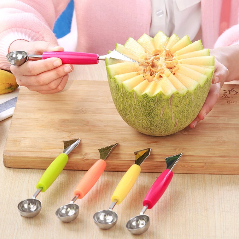 Double-head Stainless Steel Ball Digger Fruit Platter Corrugated Carving Knife Watermelon Ball Digging Spoon Fruit Digging Spoon
