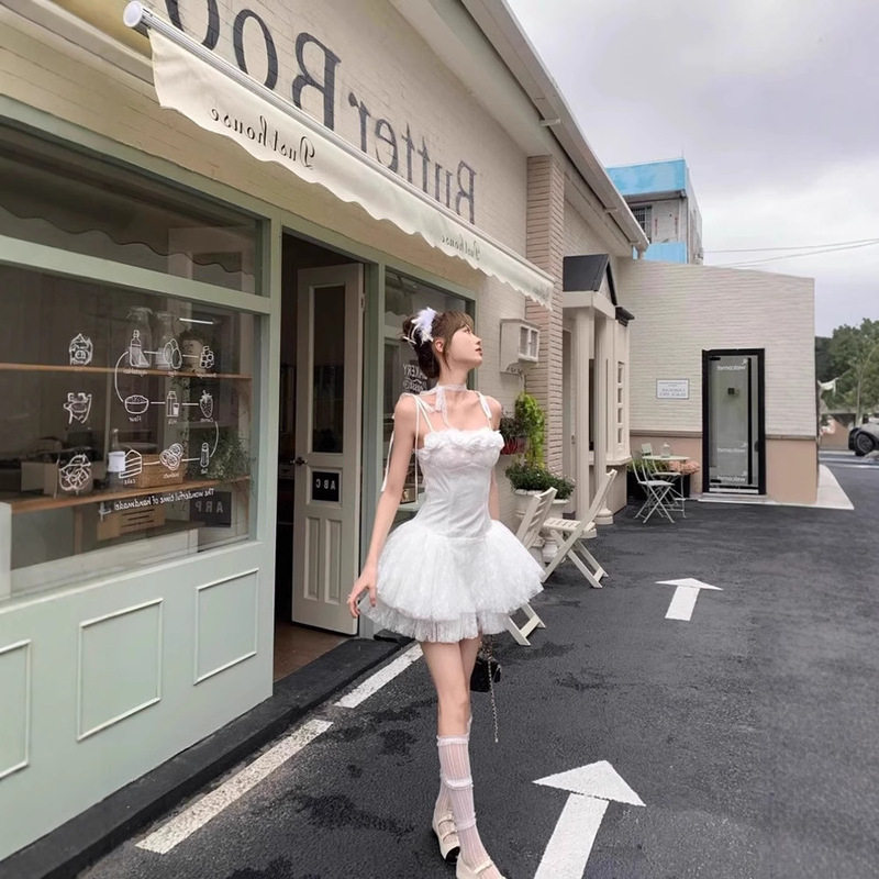 純粋な欲望スタイルの白いサスペンダードレス女性の夏のフランスの初恋の妖精チュチュスカートウエストスカート小人用|undefined