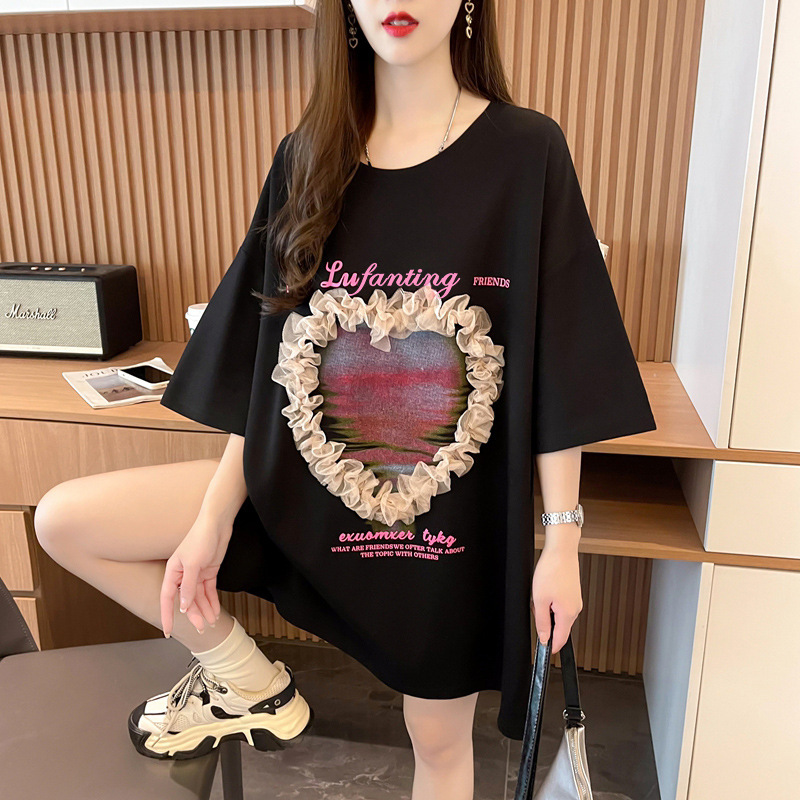 This year's popular lace stitching cotton half sleeve T-shirt women's lazy style Western style loose large version of the long top