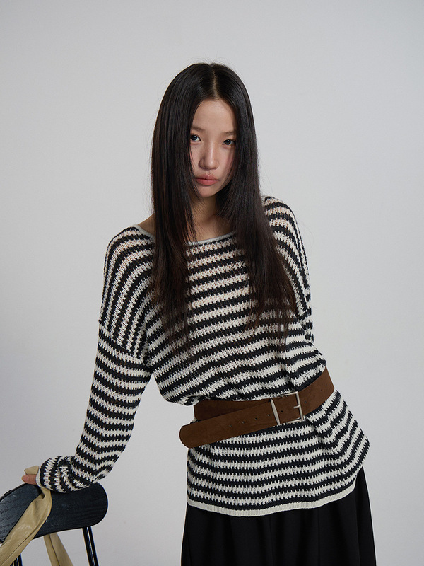 【欧凡】黑白条纹长袖针织毛衣女2025秋季新款时尚松弛感上衣3126|undefined