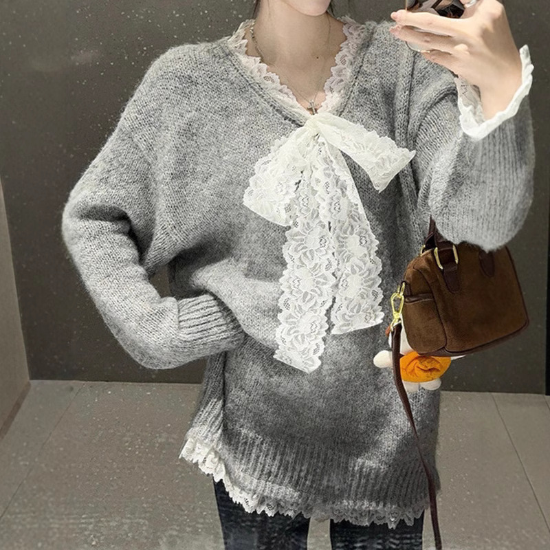 2025早秋小众女装韩系蕾丝拼接百搭打底纯色针织衫套头毛衣女|undefined