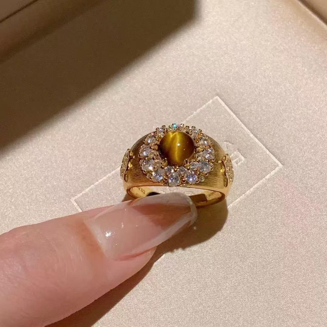 Vintage Brushed Natural Tiger Eye Stone Designer Ring For Women_voghion.com