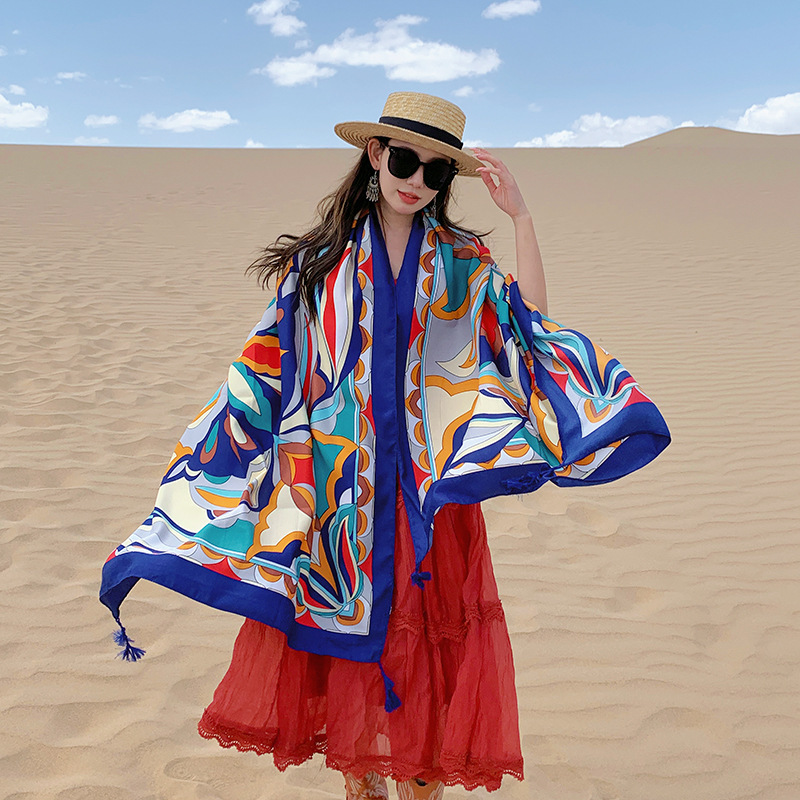 2023 nuevo Dunhuang desierto juego foto bufanda estilo étnico colorido gran flor bufanda exterior protección solar para las mujeres