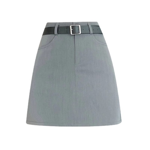 Gray suit skirt for women: Spring/Summer petite-style high-waisted mini skirt that slims the figure, featuring an A-line design and a sleek, body-hugging silhouette.