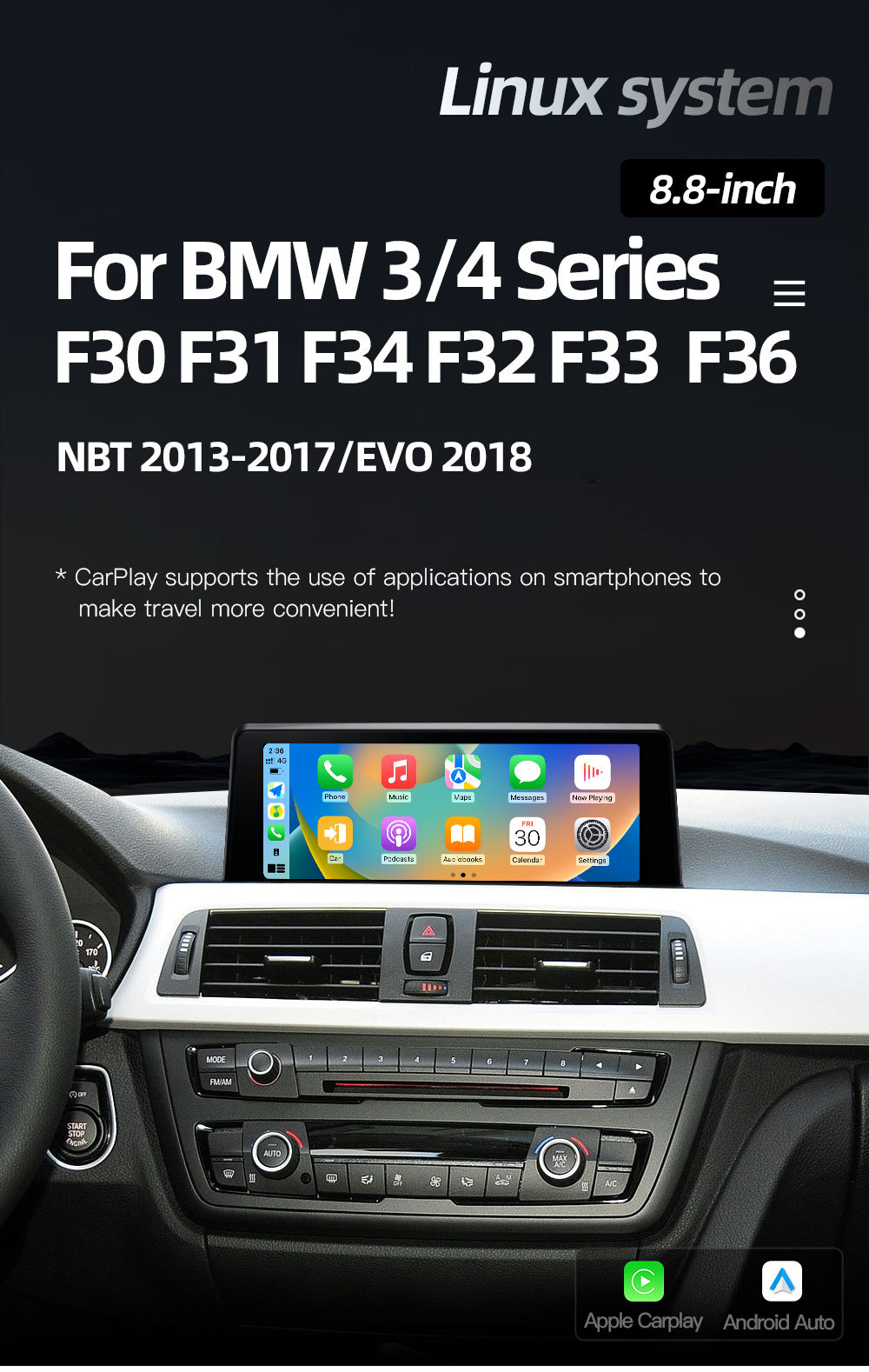 8.8inch Suitable for Bmw 3 Series 4 Series F30 F32 Car Central Control Large Screen Navigation Carplay Player