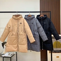 pra家冬季新款连帽收腰长款羽绒服外套女户外加厚黑色防风服装