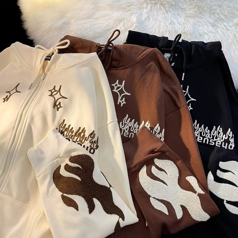 Cardigan Hooded Sweatshirt Men S Embroidered Cross Flame Jacket Spring And Autumn American Hip Hop Couple Loose Retro Top_voghion.com