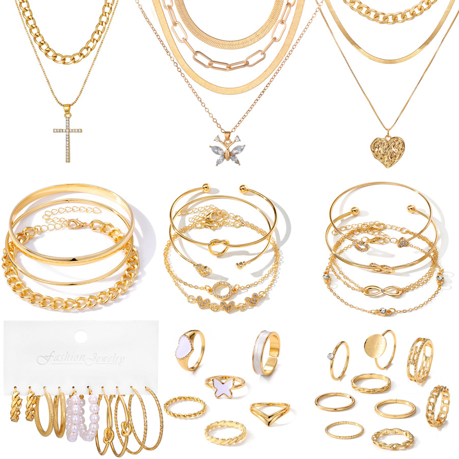 European and American Fashion Elegant Necklace Earrings Ring Set Personalized Retro High-End Earrings 37-Piece Jewelry Set for Women