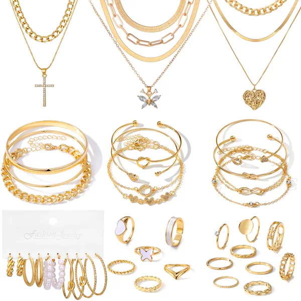 European and American Fashion Elegant Necklace Earrings Ring Set Personalized Retro High-End Earrings 37-Piece Jewelry Set for Women