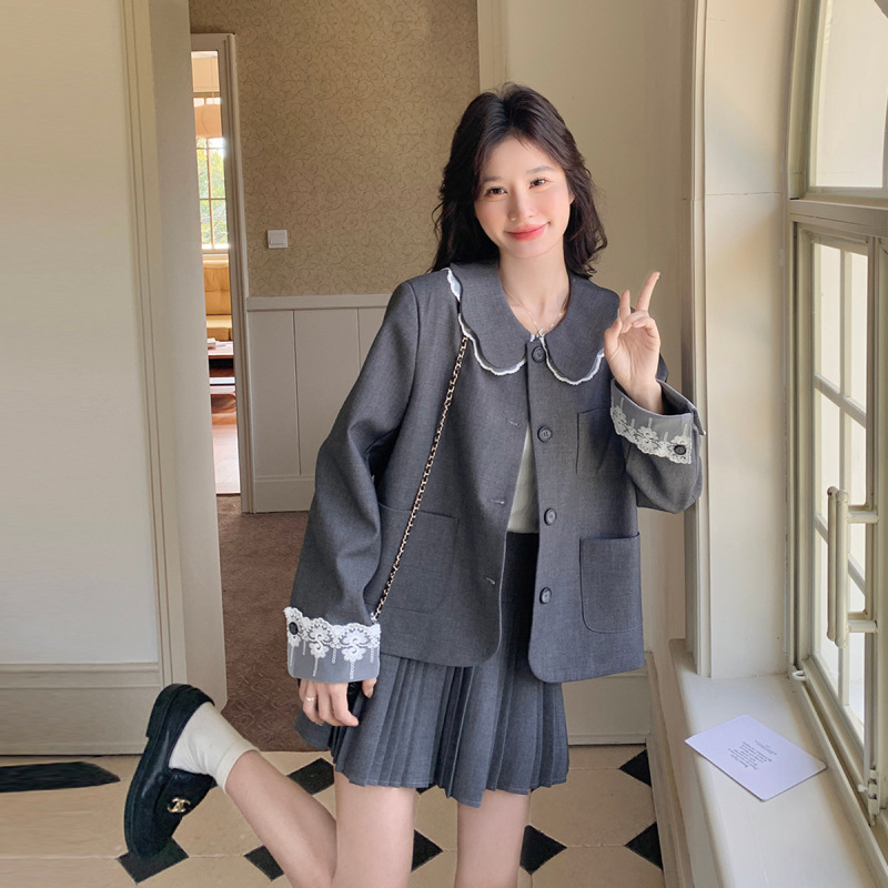 韩系花边娃娃领短外套两件套女春2025新款显瘦减龄百褶半身裙套装|undefined