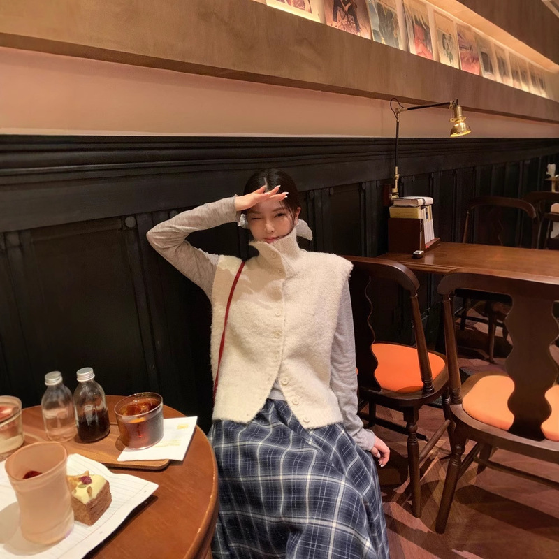 实拍 韩国chic宽松休闲高领毛衣马甲不规则半身裙送腰带套装89324|undefined