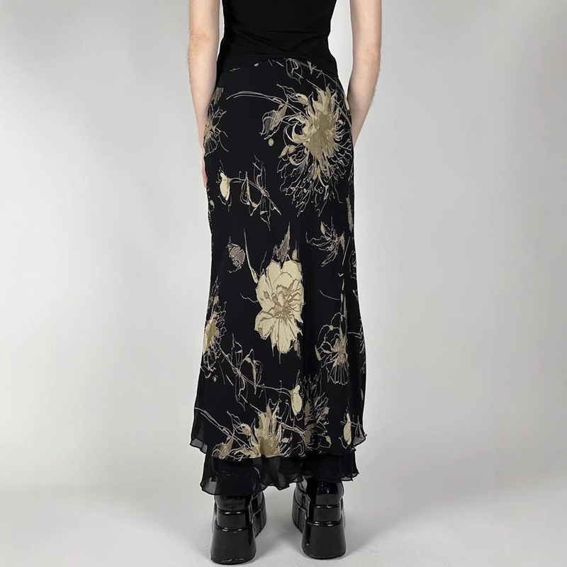 European and American Cross-Border Vintage Tie-Dye Floral Print Mesh Skirt, Low-Waist Slim-Fit Vintage-Style Long Skirt