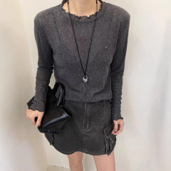 正版秋新款圆领宽松显瘦百搭木耳边长袖T恤打底衫上衣女