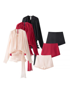 Foreign trade list! Spring and summer women's cross-border AliExpress explosion temperament pleated mesh bubble sleeve shirt skirt