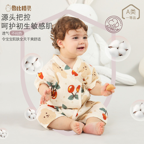 Baby summer short-sleeved cotton type A one-piece clothes thin gauze cotton bag fart clothes newborn baby monk clothes