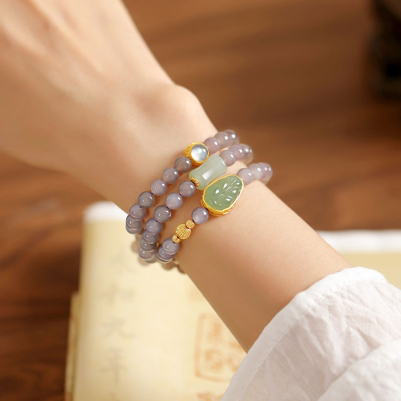 女性用スモークパープルHetian Jadeブレスレット、多層ブレスレット、リーフプレートブレスレット、オリジナルデザイン、ハイエンド、新しい中国風ブレスレット|undefined