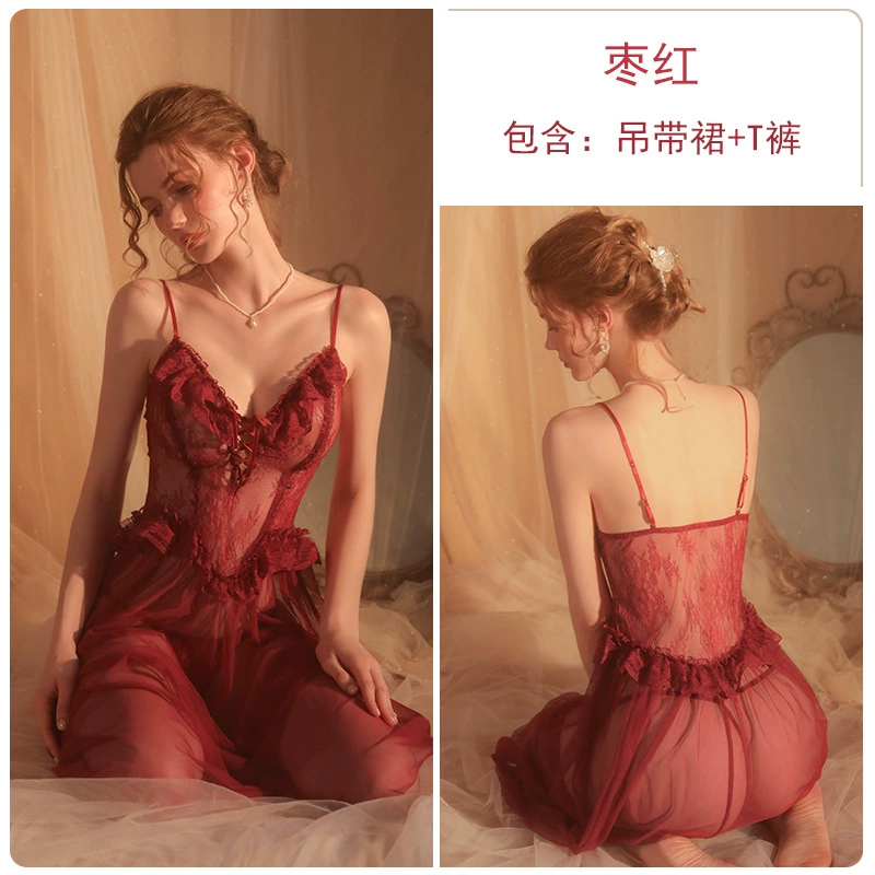 Демисезонный длинный набор пижамы (GuiRuo) — кружевное тюлевое roupa и юбка с подтяжками, легкий