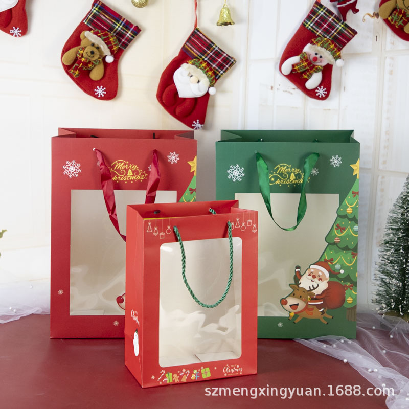 Navidad de alto valor, caricatura, Papá Noel, renos, muñeco de nieve, ventana transparente, regalo, bolsa de papel