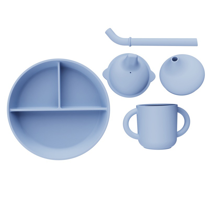 Alimentos de silicona set de cubiertos para niños cucharas blandas tenedor ventosa cuenco divisor de platos de comedor bib puede personalizar caja de regalo