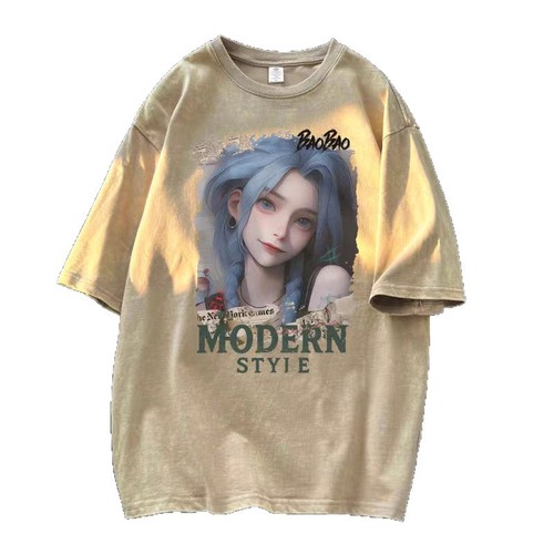 American heavy-duty pure cotton washed distressed short-sleeve T-shirt for men, summer loose half-sleeve high street T-shirt base shirt trendy brand