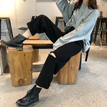 秋冬新款复古高腰破洞直筒牛仔裤女百搭黑色学生宽松阔腿裤长裤潮