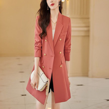 高级感桃红色西装外套女中长款风衣2025春秋新款修身显瘦西服大衣