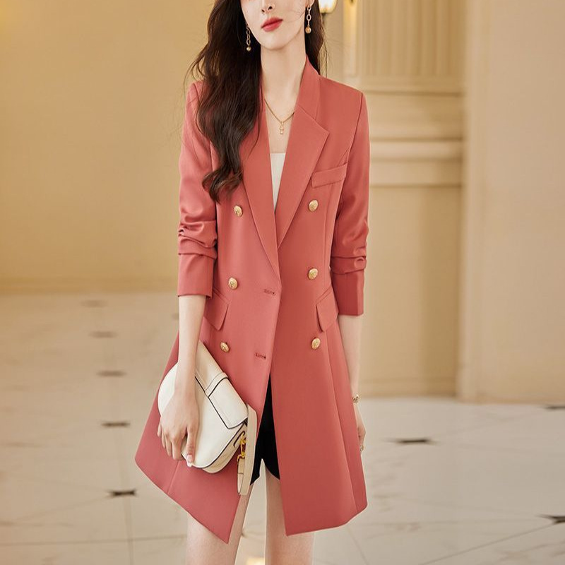 高级感桃红色西装外套女中长款风衣2025春秋新款修身显瘦西服大衣