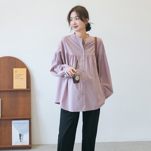 Autumn New Maternity Clothing Korean Style Fashionable Small Fresh Age-reducing Round Neck Long-sleeved Shirt Fashionable Hot Mom Commuter Shirt